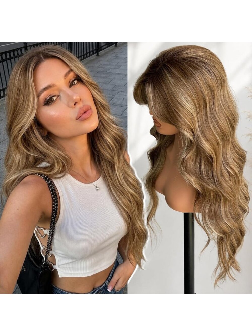 28IN Ash Brown Body Wavy Lace Front Wig with Bangs for Women - Synthetic Hair